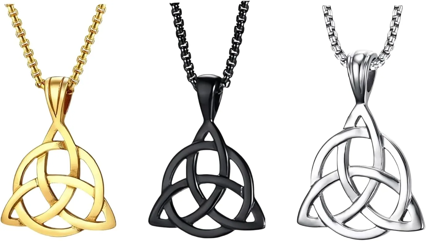 3Pack Set Stainless Steel Irish Celtic Trinity Knot Pendant Chain Necklace for Men Women,Black Silver Gold Titanium Steel Triquetra Celtic Knot Charm Necklaces Jewelry for Men Woman,24inch Chain