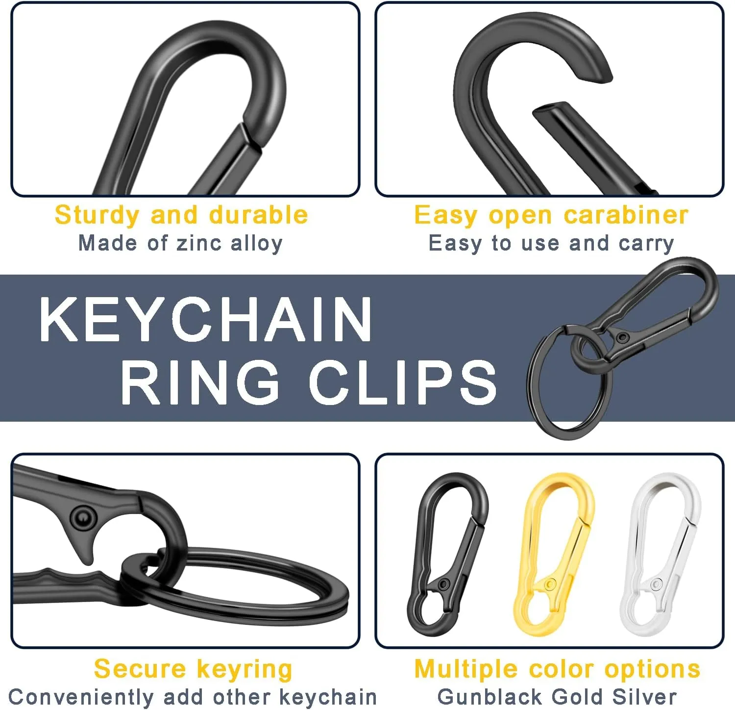 4Pack Small Keychain Rings, Metal Key Carabiner Clip, Mini EDC Key Ring Chain Holder Organizer for Purse Charm Hook, Car Keychain, Paracord Keychain Lanyard, Men and Women Key Fob (Gun Black)