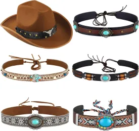6 Pcs Cowboy Hat Band Replacement Ethnic Western Hat Belts Rural Classical Mexican Turquoise Hatbands (Classic Style)