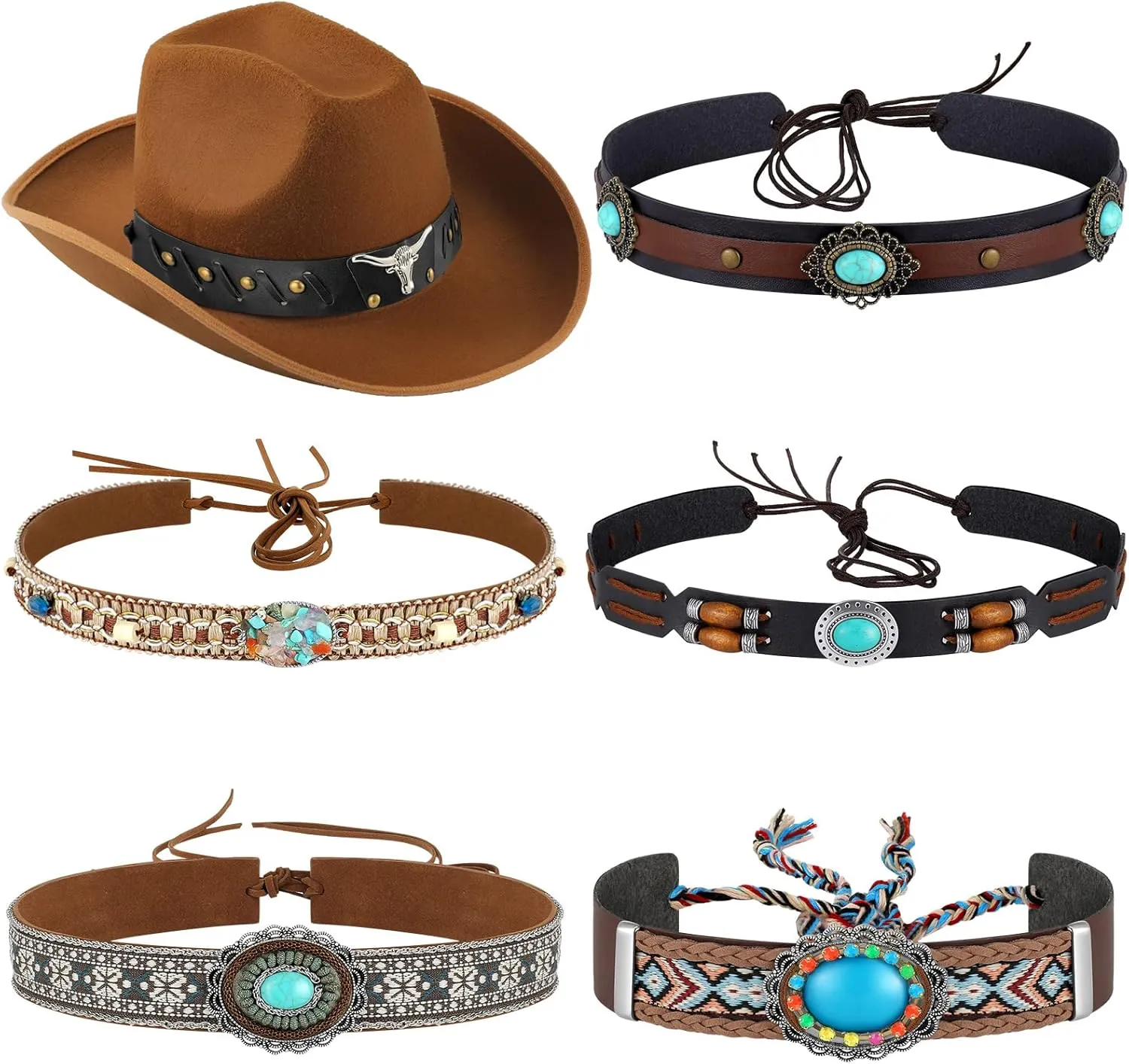 6 Pcs Cowboy Hat Band Replacement Ethnic Western Hat Belts Rural Classical Mexican Turquoise Hatbands (Classic Style)