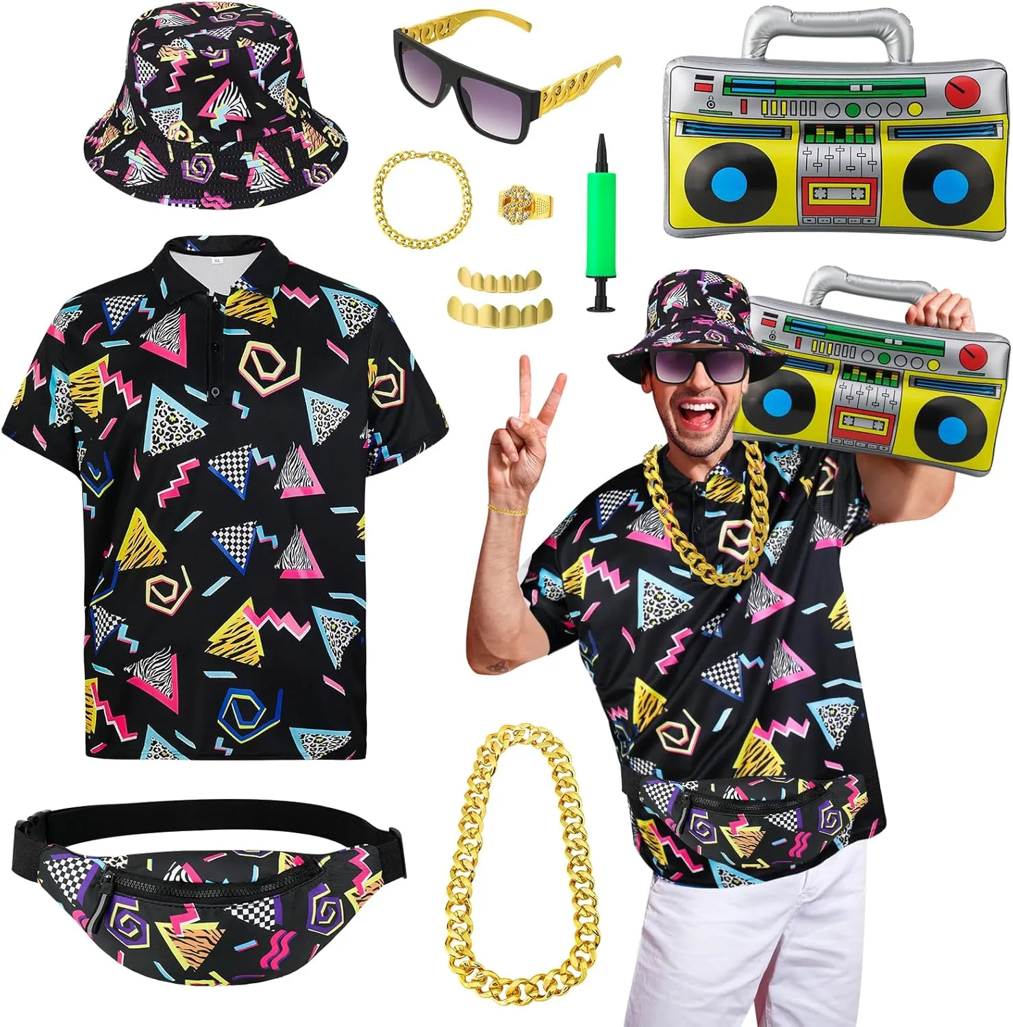 80s 90s Outfit Set for Men, 80s Costumes Hip Hop Rapper Costume Set with Hat Shirts Fanny Bag Ring Bracelet Gold Chain Grillz Teeth Glasses Balloon, 9 PCS