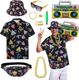 80s 90s Outfit Set for Men, 80s Costumes Hip Hop Rapper Costume Set with Hat Shirts Fanny Bag Ring Bracelet Gold Chain Grillz Teeth Glasses Balloon, 9 PCS