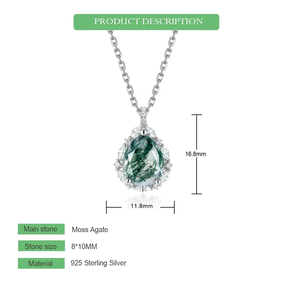 925 Silver Water Drop Moss Agate Pendant Necklace