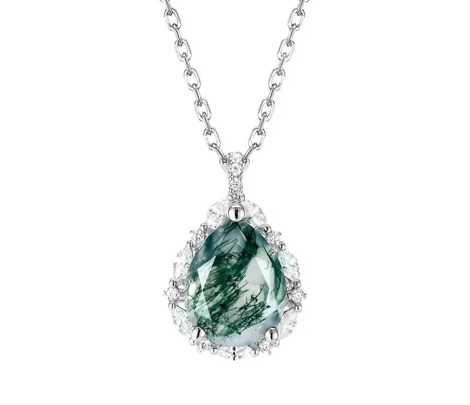 925 Silver Water Drop Moss Agate Pendant Necklace