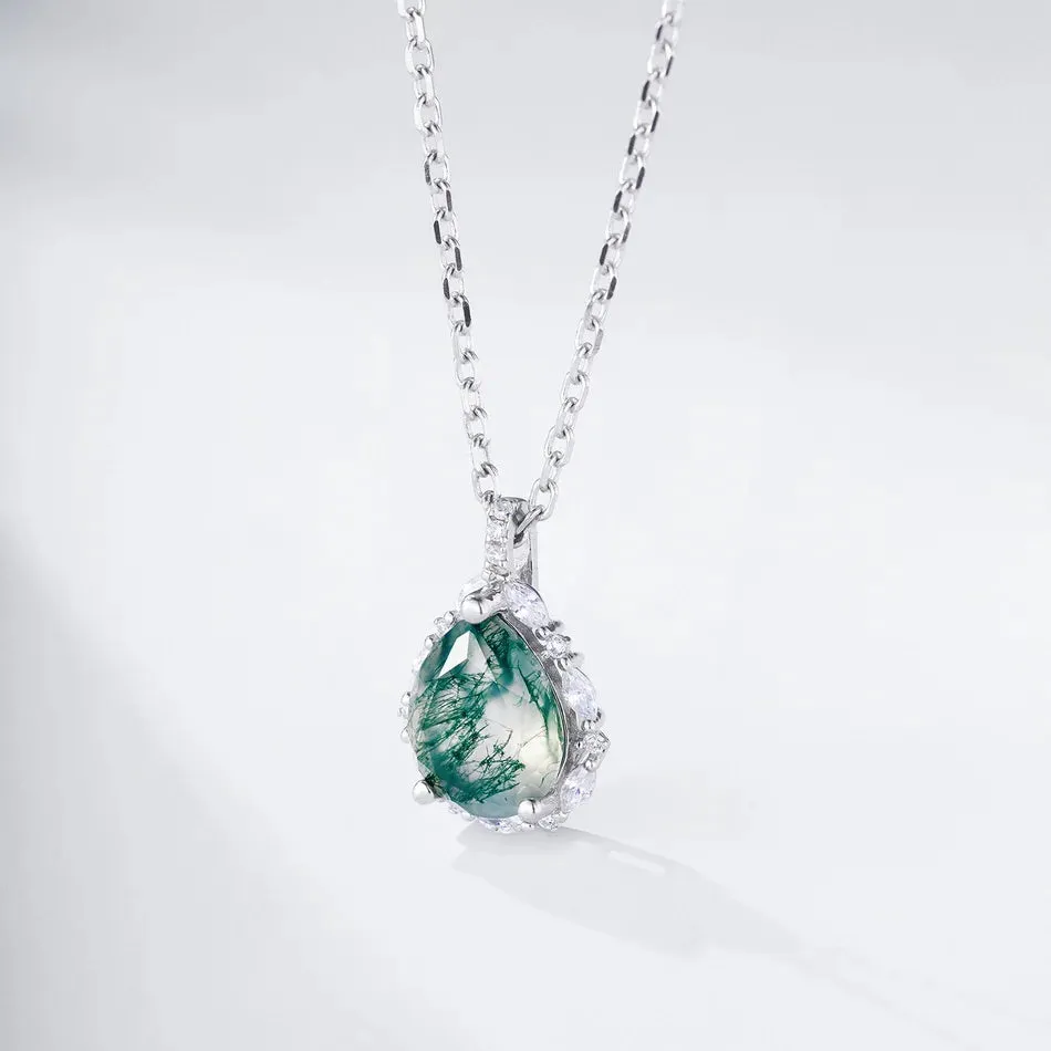 925 Silver Water Drop Moss Agate Pendant Necklace