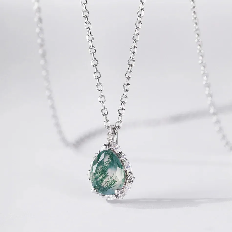 925 Silver Water Drop Moss Agate Pendant Necklace