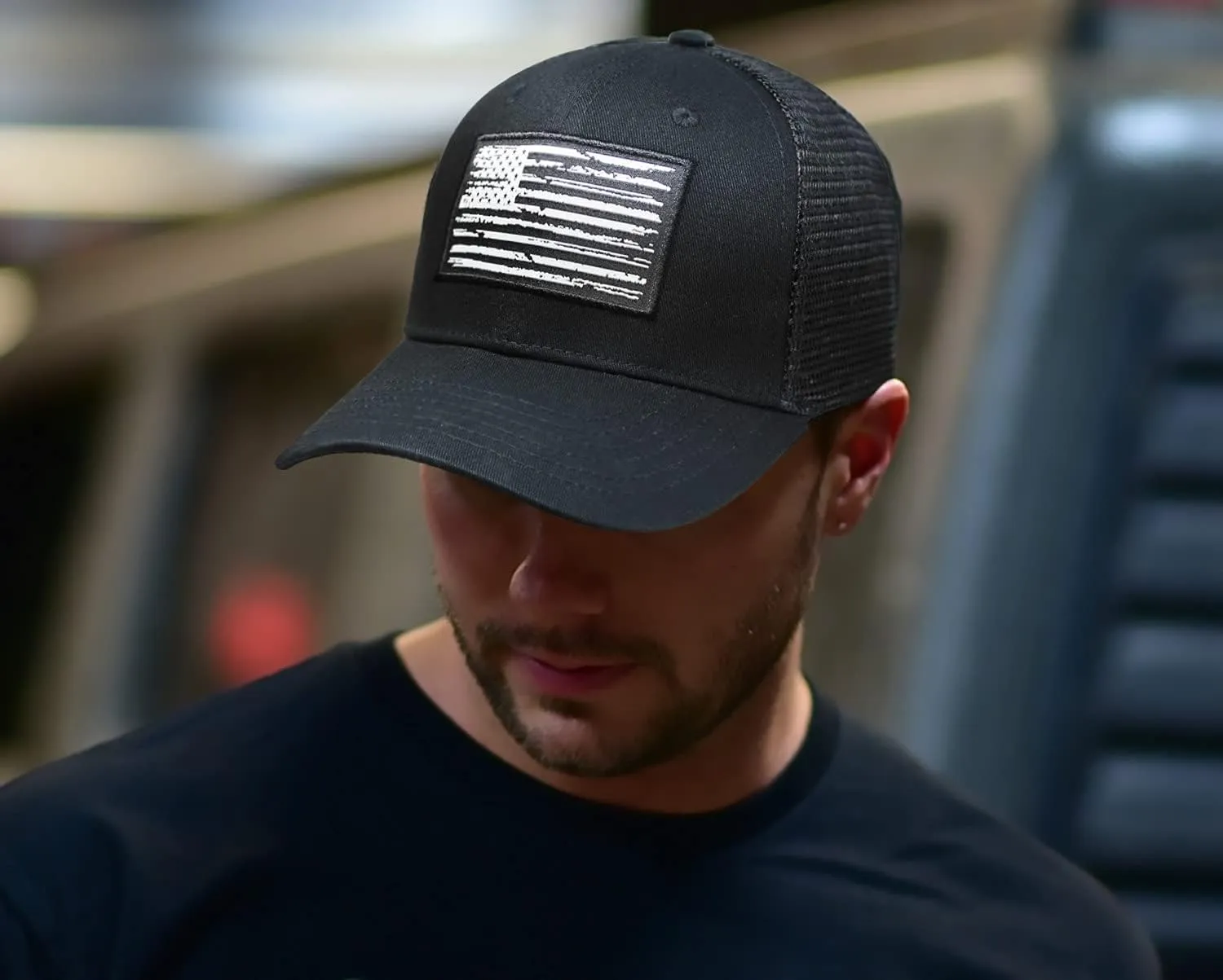 American Flag Hat, Baseball Cap for Men Women, Adjustable Snapback Hats USA Flag Trucker Hat Black