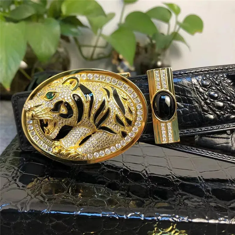 Authentic Crocodile Leather Belt for Men – Diamond Leopard Buckle