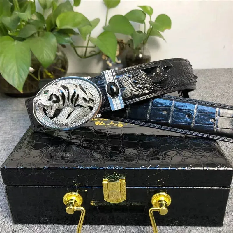 Authentic Crocodile Leather Belt for Men – Diamond Leopard Buckle