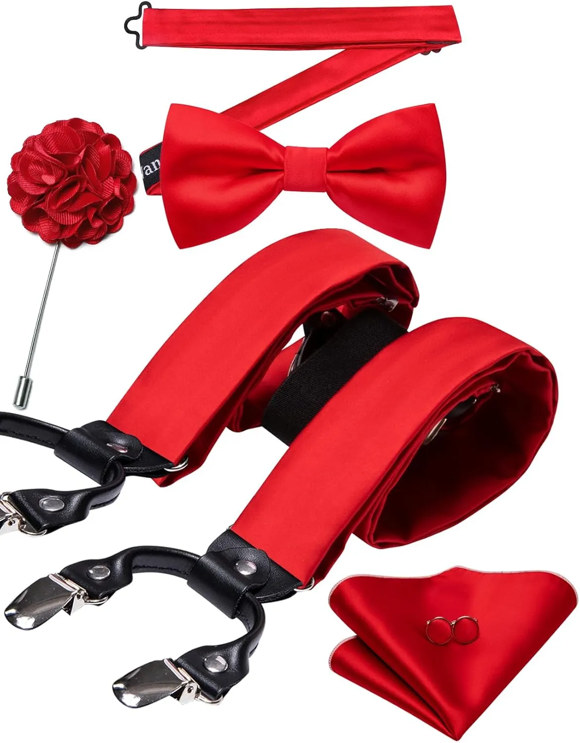 Barry.Wang Suspenders and Bow Tie Set for Men Solid Paisley Bowtie Y Shape Brace Handkerchief Cufflinks 6 Strong Clips