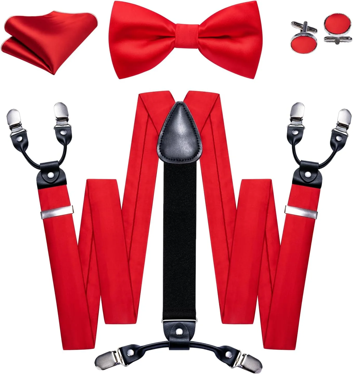 Barry.Wang Suspenders and Bow Tie Set for Men Solid Paisley Bowtie Y Shape Brace Handkerchief Cufflinks 6 Strong Clips