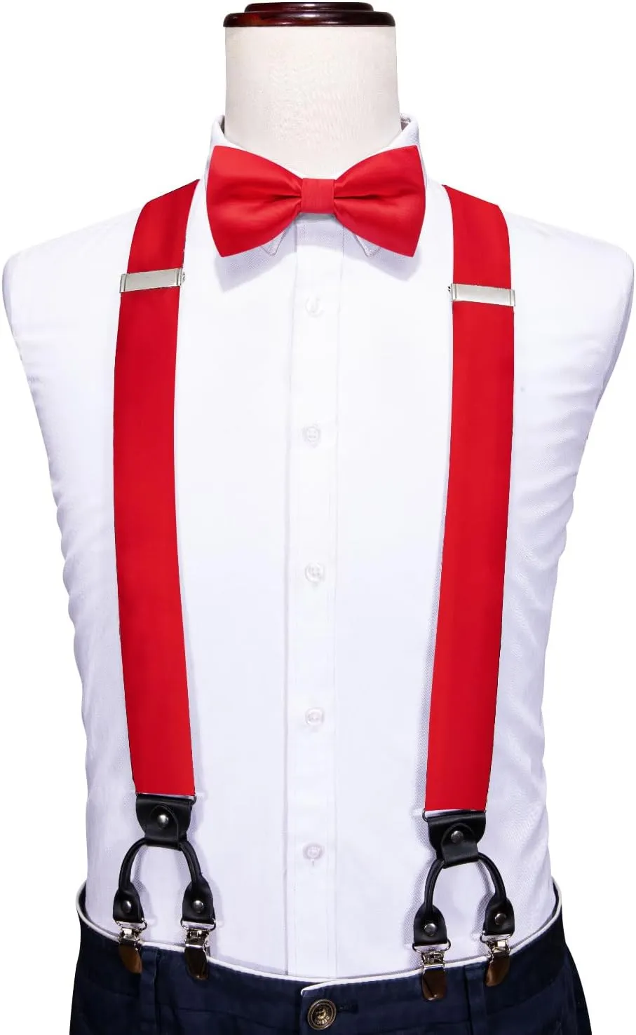 Barry.Wang Suspenders and Bow Tie Set for Men Solid Paisley Bowtie Y Shape Brace Handkerchief Cufflinks 6 Strong Clips