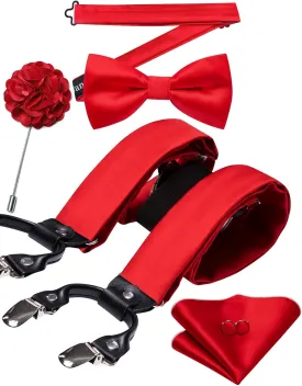 Barry.Wang Suspenders and Bow Tie Set for Men Solid Paisley Bowtie Y Shape Brace Handkerchief Cufflinks 6 Strong Clips