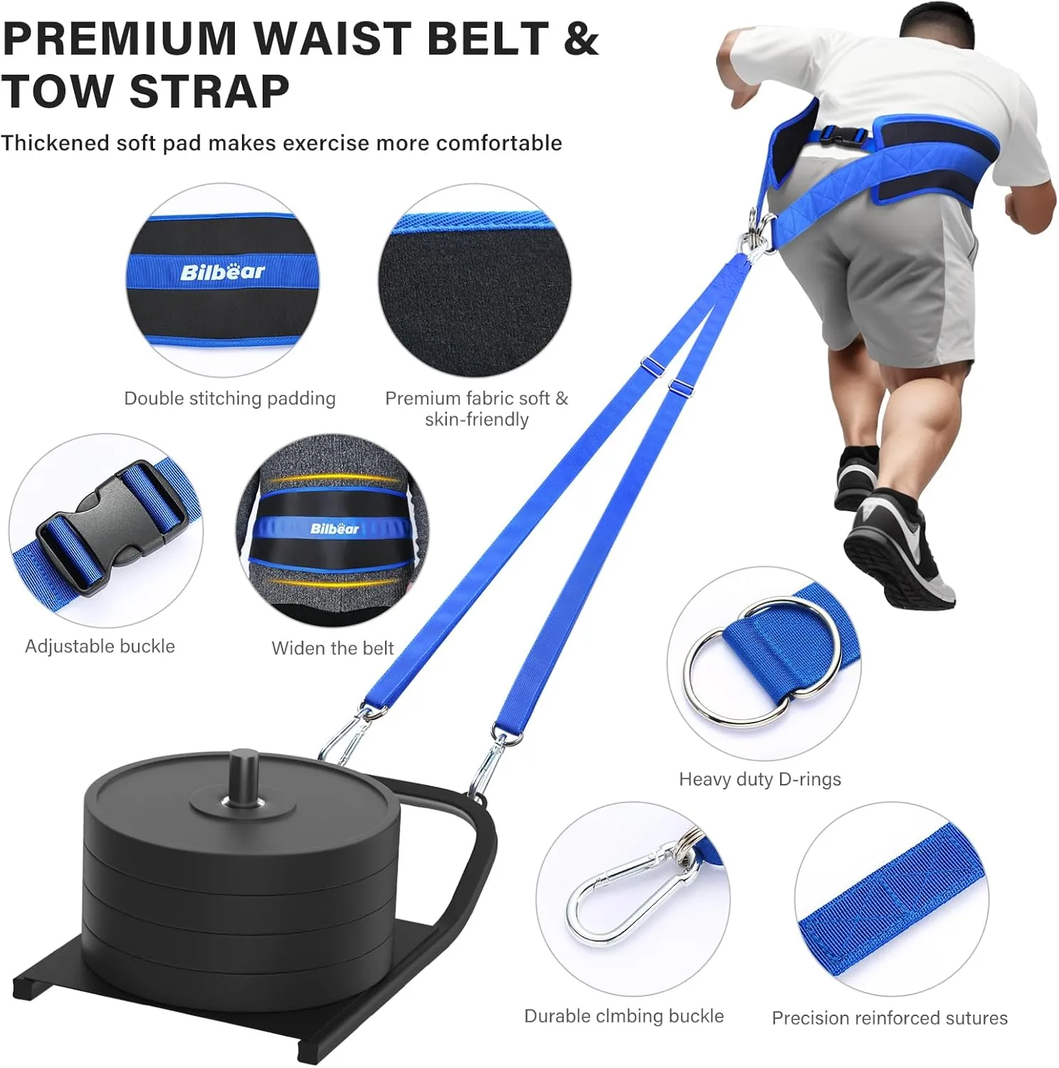 Bilbear Sled Pulling Belt,Adjustable Sled Training Waist Belt, Belt for Pulling with 2 Pulling Straps & 4 Hooks,Weight Sled Pull Belt for Tire Pulling, Squat,Leg Muscles Strength Training,Resistance Training,Core Power Workout