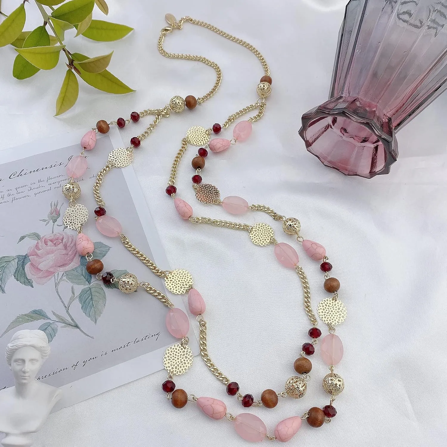 Bocar Long Necklaces for Women Trendy, Boho Layered Crystal Beaded Collar Necklaces for Women, Fashion Statement Necklaces Jewelry
