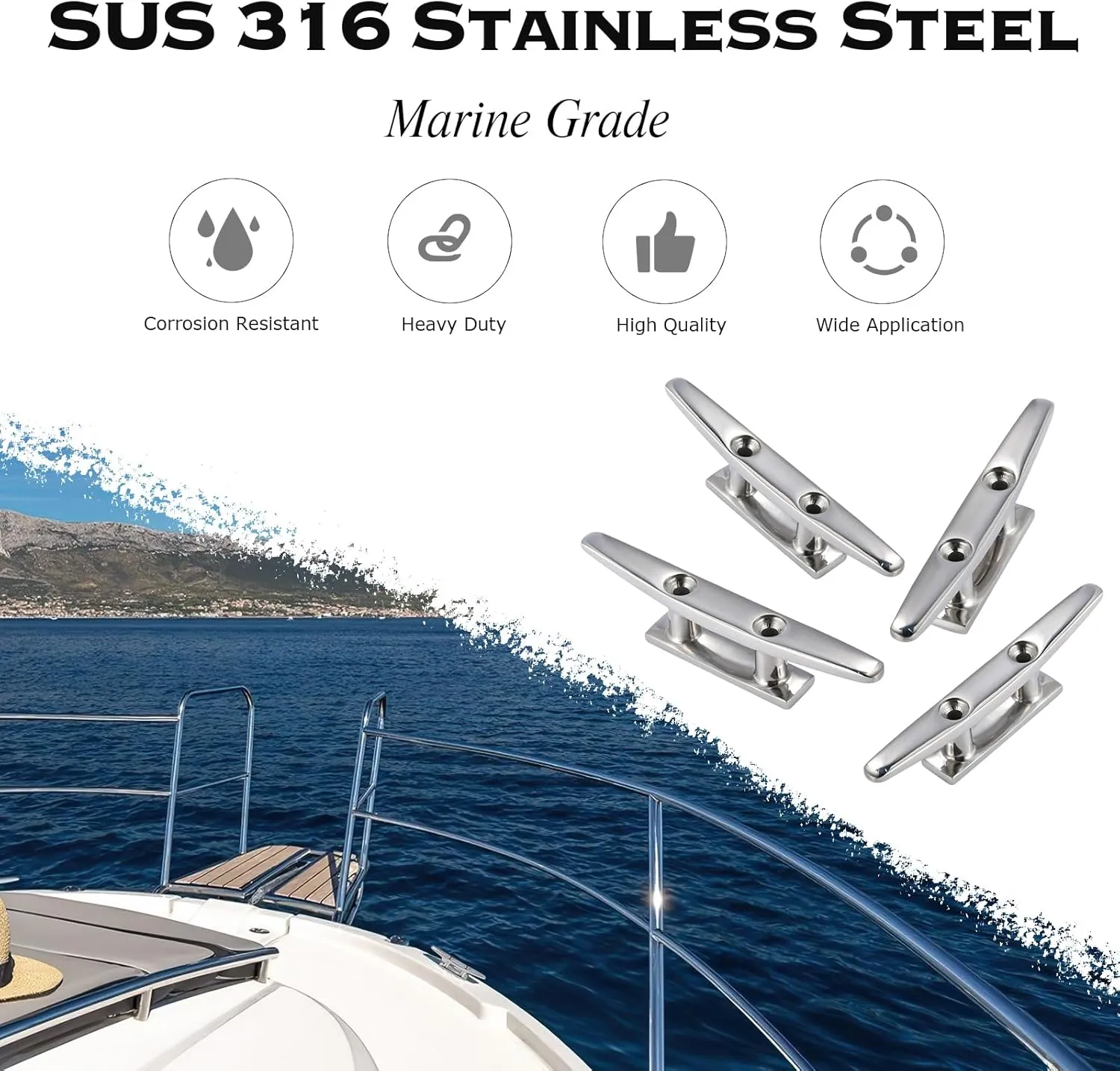 CHANGE MOORE Boat Cleat Open Base Boat Cleat, Dock Cleats 4 inch Dock Cleat 316 Stainless Steel Boat Mooring Accessories, Include Installation Accessories