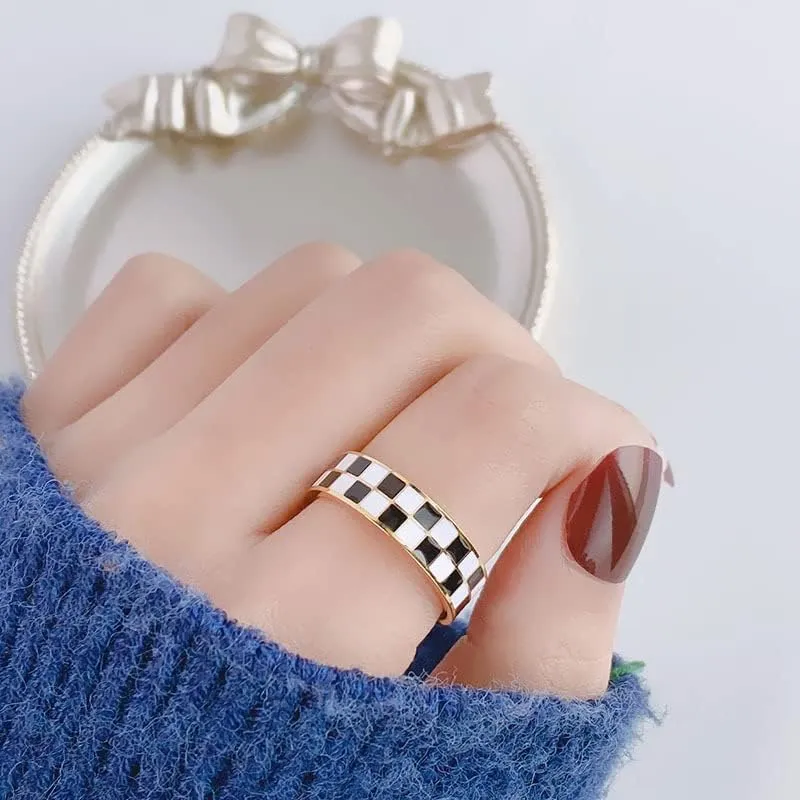 Checkerboard Bands Statement Finger Ring 14K Gold Black White Titanium steel Ring Size 5-10