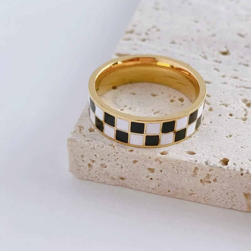 Checkerboard Bands Statement Finger Ring 14K Gold Black White Titanium steel Ring Size 5-10