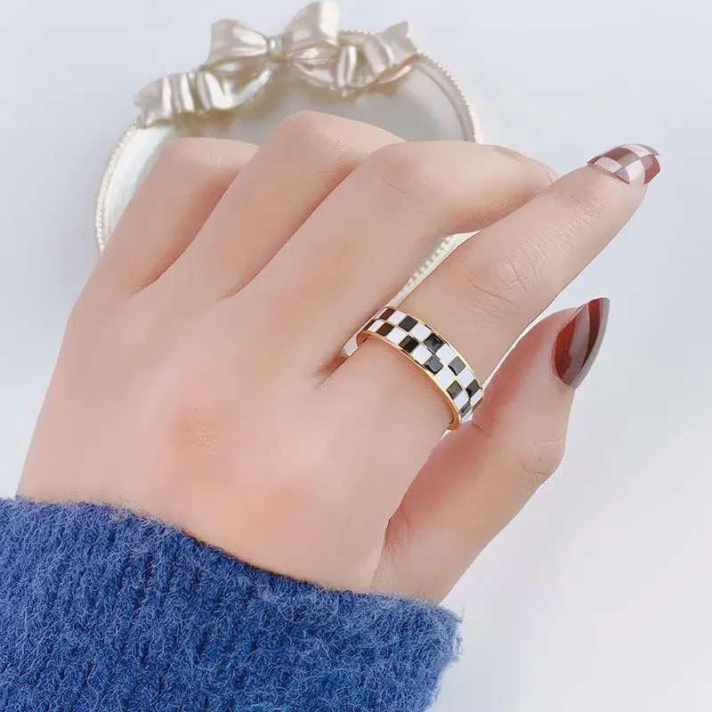 Checkerboard Bands Statement Finger Ring 14K Gold Black White Titanium steel Ring Size 5-10