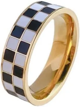Checkerboard Bands Statement Finger Ring 14K Gold Black White Titanium steel Ring Size 5-10