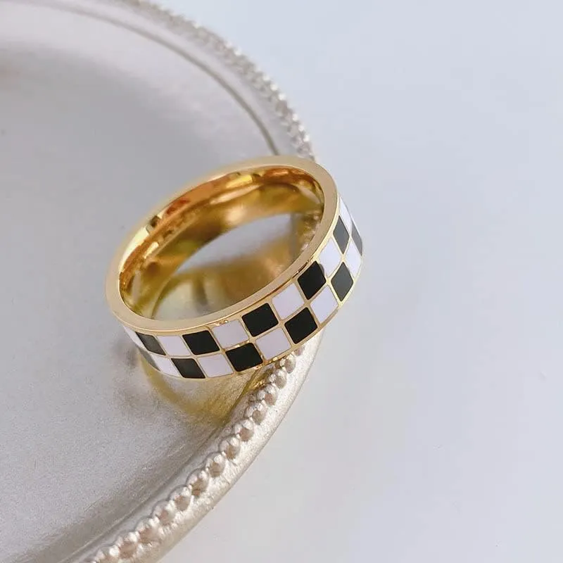Checkerboard Bands Statement Finger Ring 14K Gold Black White Titanium steel Ring Size 5-10