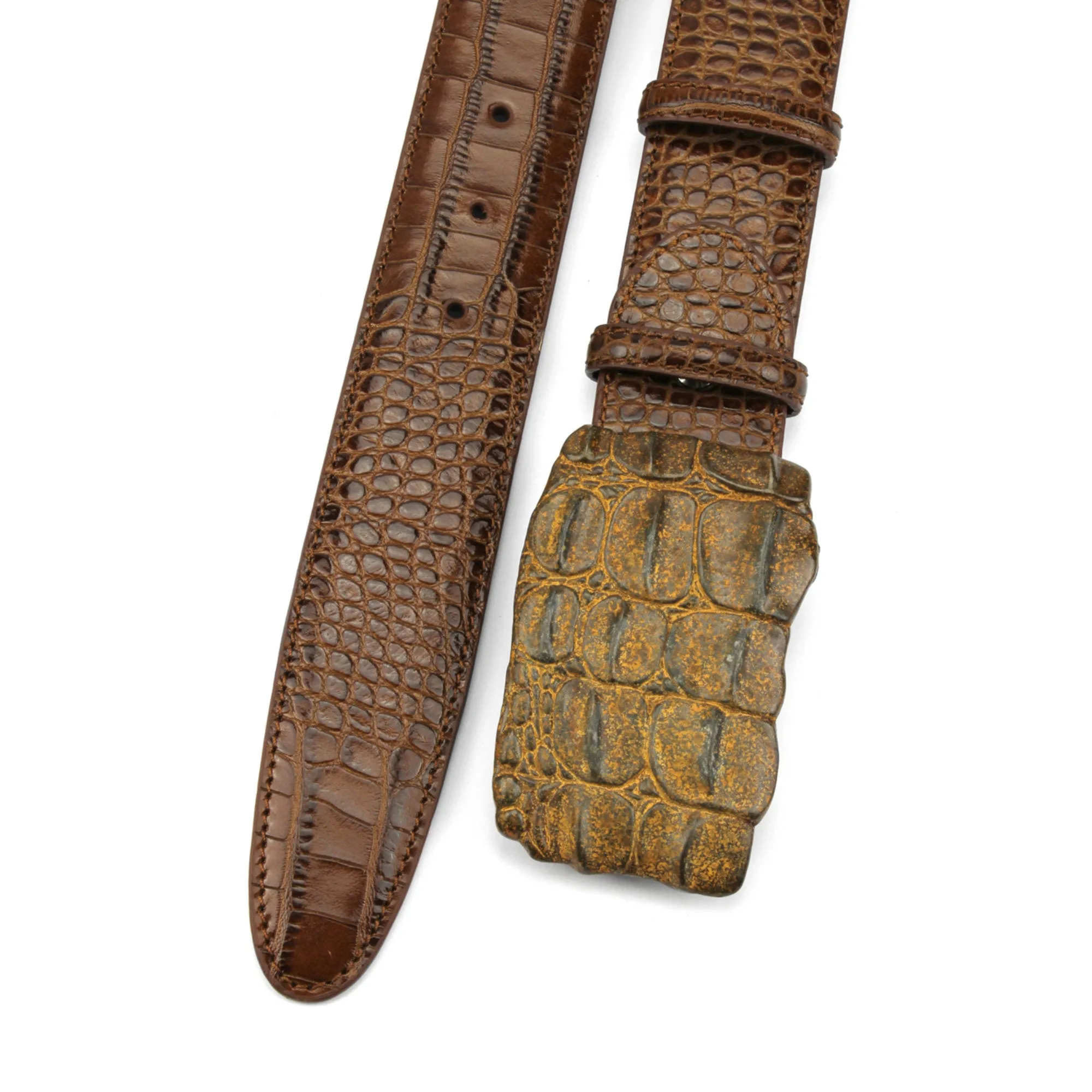 Chestnut Tone Mock Croc Caiman Plate Belt