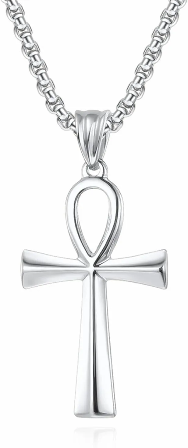 Coptic Ankh Cross Pendant Necklace for Men Women Gold Silver Black Plated Cool Vintage Symbol of Life Charm Adjustable Chain Necklace for Religious Amulet Jewelry Gifts