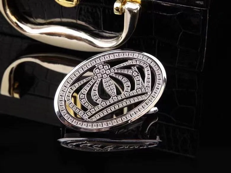 Crocodile Skin Leather Belt Crown Black