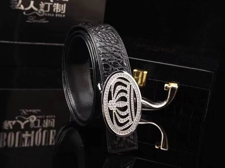 Crocodile Skin Leather Belt Crown Black