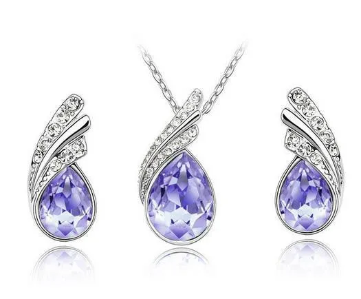 Crystal Water drop leaves Earrings necklace jewelry sets for women