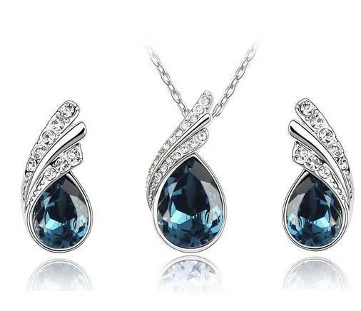 Crystal Water drop leaves Earrings necklace jewelry sets for women
