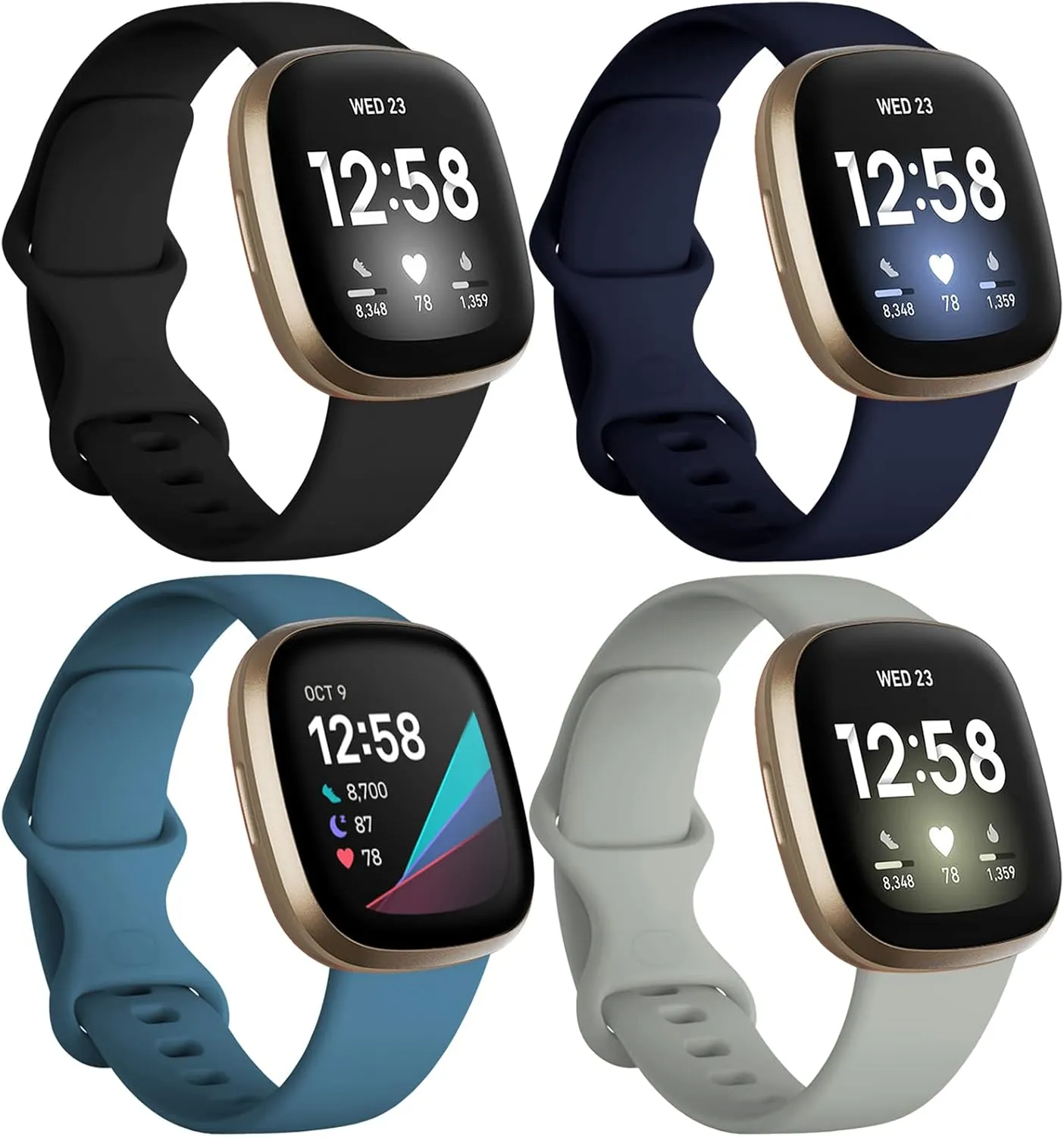 Dirrelo Bands Compatible for Fitbit Versa 3 & Sense, (4-Pack) Replacement TPU Sport Wristbands Accessories Strap for Versa 3 Sense Band Women Men, Small ( Black Dark blue Indigo Gray )