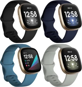 Dirrelo Bands Compatible for Fitbit Versa 3 & Sense, (4-Pack) Replacement TPU Sport Wristbands Accessories Strap for Versa 3 Sense Band Women Men, Small ( Black Dark blue Indigo Gray )