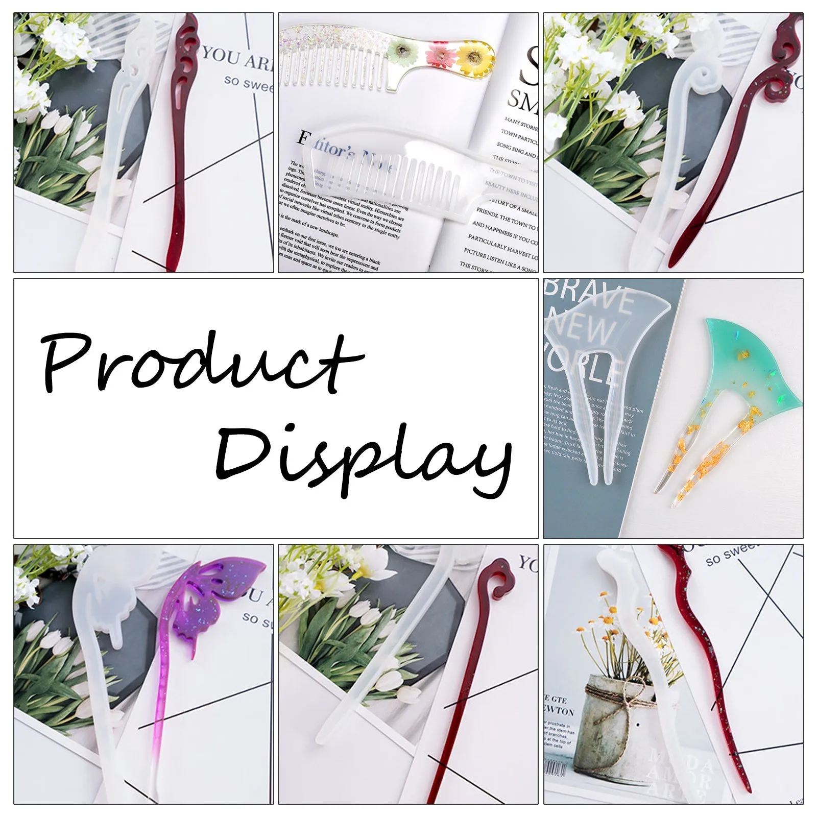 DIY Hairpin & Comb Silicone Molds Kits, Resin Casting Molds, with UV Gel Nail Art Tinfoil and 304 Stainless Steel Beading Tweezers, Mixed Color