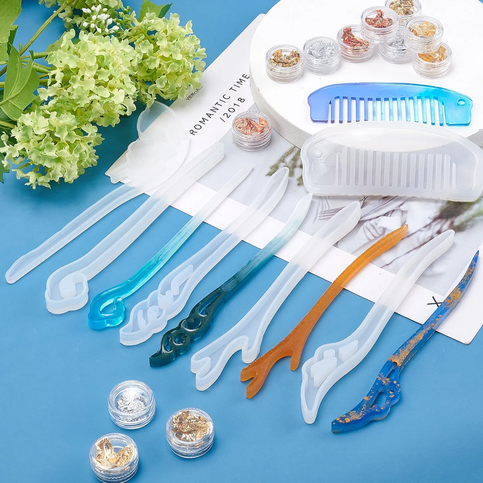 DIY Hairpin & Comb Silicone Molds Kits, Resin Casting Molds, with UV Gel Nail Art Tinfoil and 304 Stainless Steel Beading Tweezers, Mixed Color