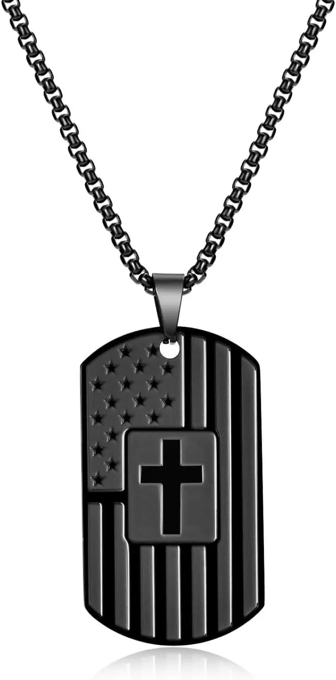 Dog Tag Cross Necklace for Men Boys Military Christian Baptism Religious First Communion Confirmation Gifts for Teenage Boy