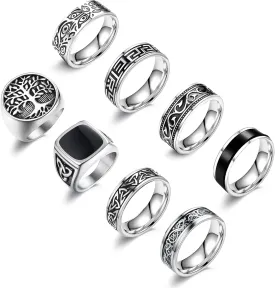 EIELO 12Pcs Rings for Men Stainless Steel Band Rings Square Signet Rings Pinky Thumb Ring Silver Chunky Thick Dome Band Cuban Link Chain Ring Simple Cool Wedding Finger Ring 7-14