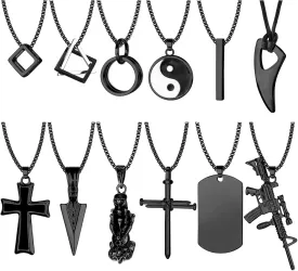 FIASASO 12Pcs Stainless Steel Pendant Necklace for Men Cool Goth Necklace Funky Gothic Cross Dog Tag Yin Yang Triangle Pendant Chain Necklace Set Black & Silver Tone ??