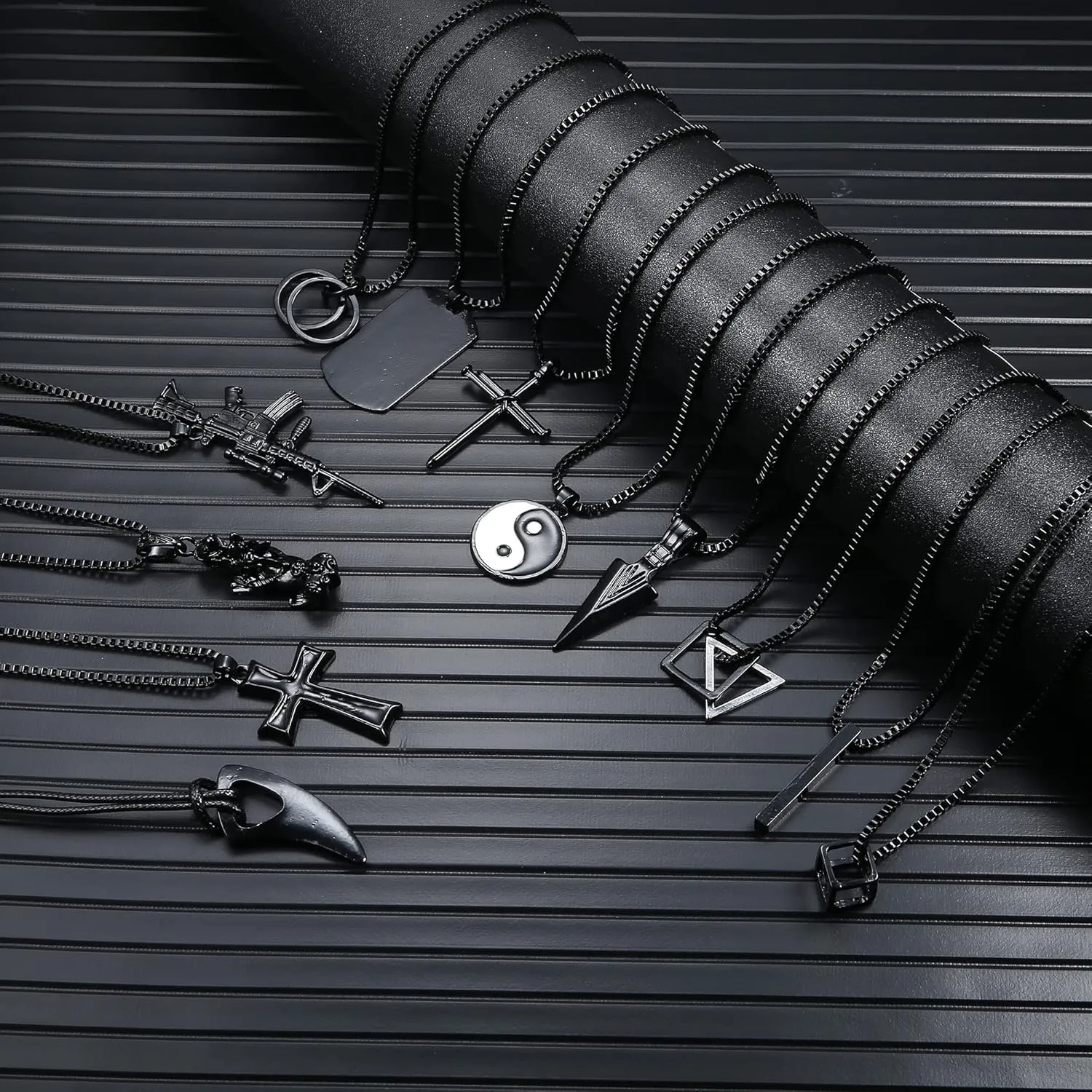 FIASASO 12Pcs Stainless Steel Pendant Necklace for Men Cool Goth Necklace Funky Gothic Cross Dog Tag Yin Yang Triangle Pendant Chain Necklace Set Black & Silver Tone ??