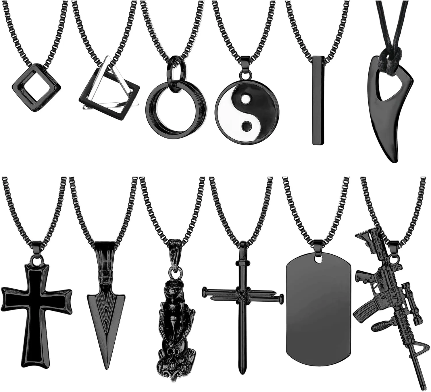 FIASASO 12Pcs Stainless Steel Pendant Necklace for Men Cool Goth Necklace Funky Gothic Cross Dog Tag Yin Yang Triangle Pendant Chain Necklace Set Black & Silver Tone ??