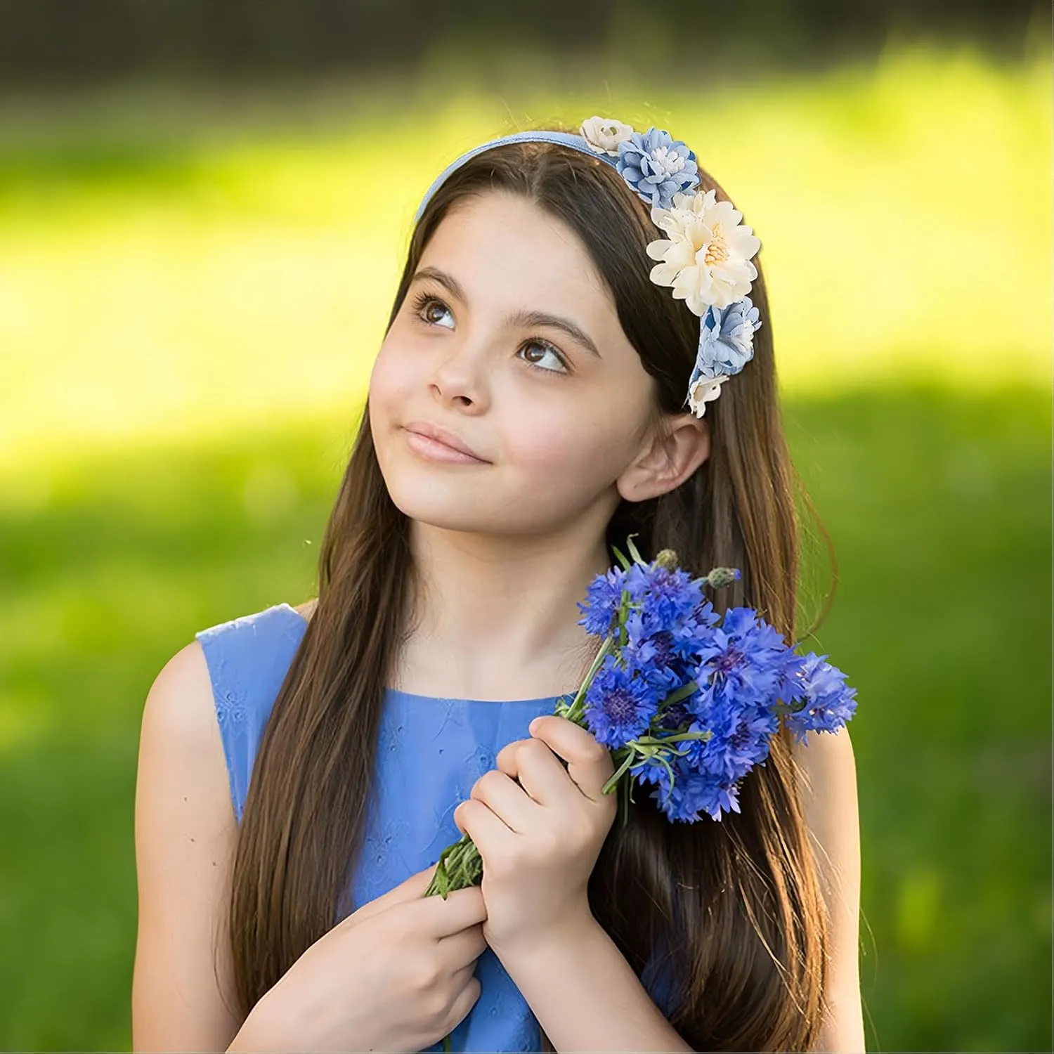 Flower Headband Spring Summer Hair Accessories for Women Girls, Blue White Rose Flowers Hair Bands Pearls Elegant Decoration Headdress Party Wedding Supplies Non Slip Head Band 1 Pcs