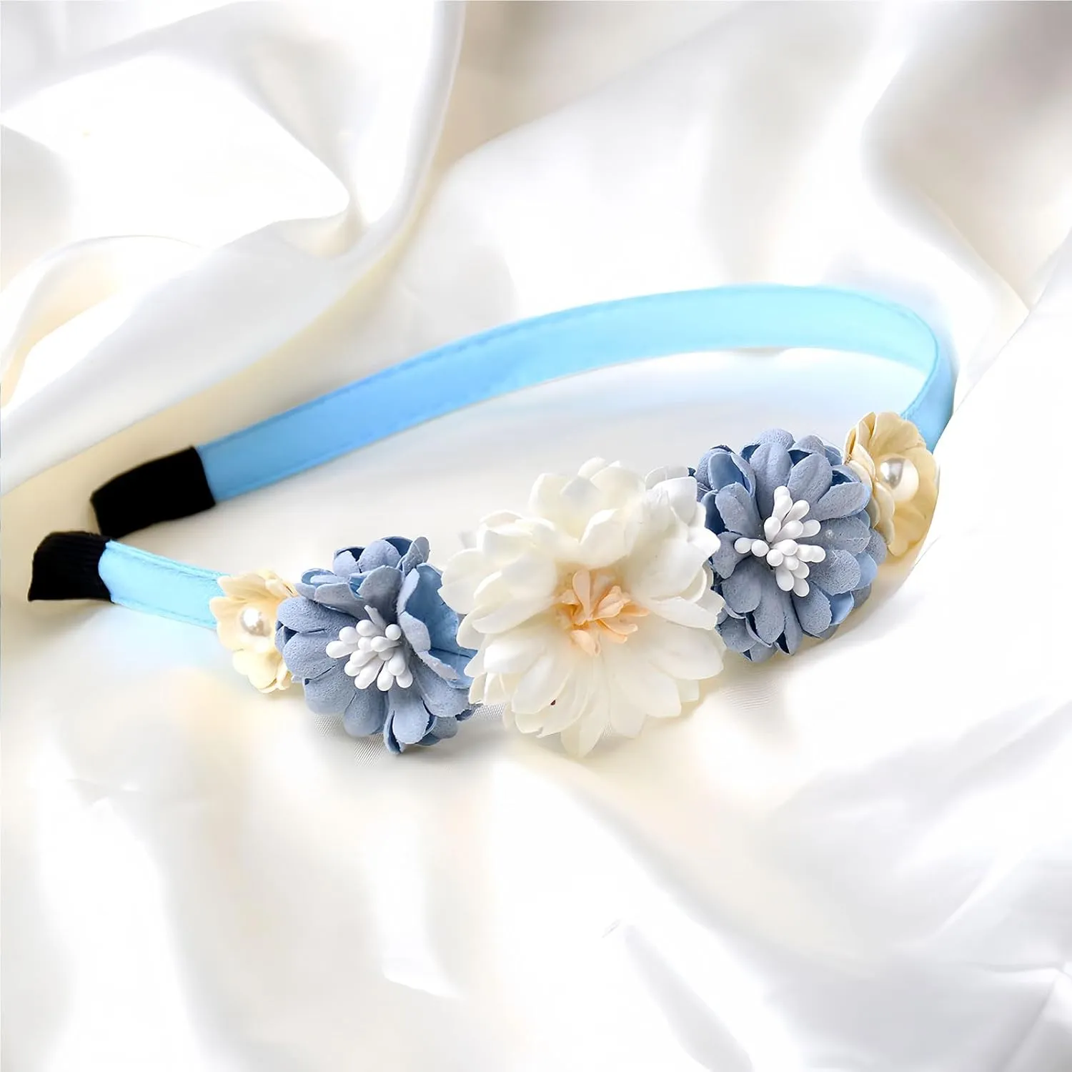 Flower Headband Spring Summer Hair Accessories for Women Girls, Blue White Rose Flowers Hair Bands Pearls Elegant Decoration Headdress Party Wedding Supplies Non Slip Head Band 1 Pcs