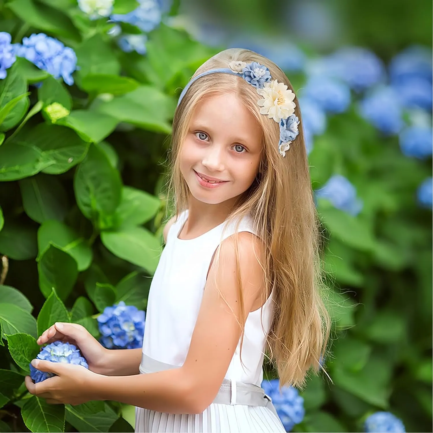 Flower Headband Spring Summer Hair Accessories for Women Girls, Blue White Rose Flowers Hair Bands Pearls Elegant Decoration Headdress Party Wedding Supplies Non Slip Head Band 1 Pcs