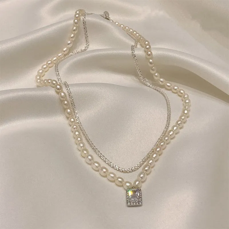 Freshwater Square Pearl Multilayer Necklace Charm Jewelry YSS0411