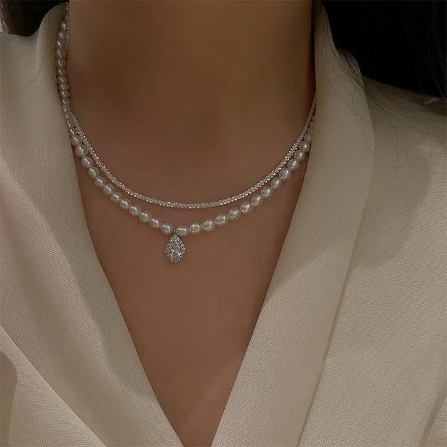 Freshwater Square Pearl Multilayer Necklace Charm Jewelry YSS0411