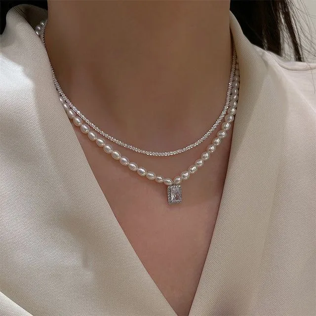 Freshwater Square Pearl Multilayer Necklace Charm Jewelry YSS0411