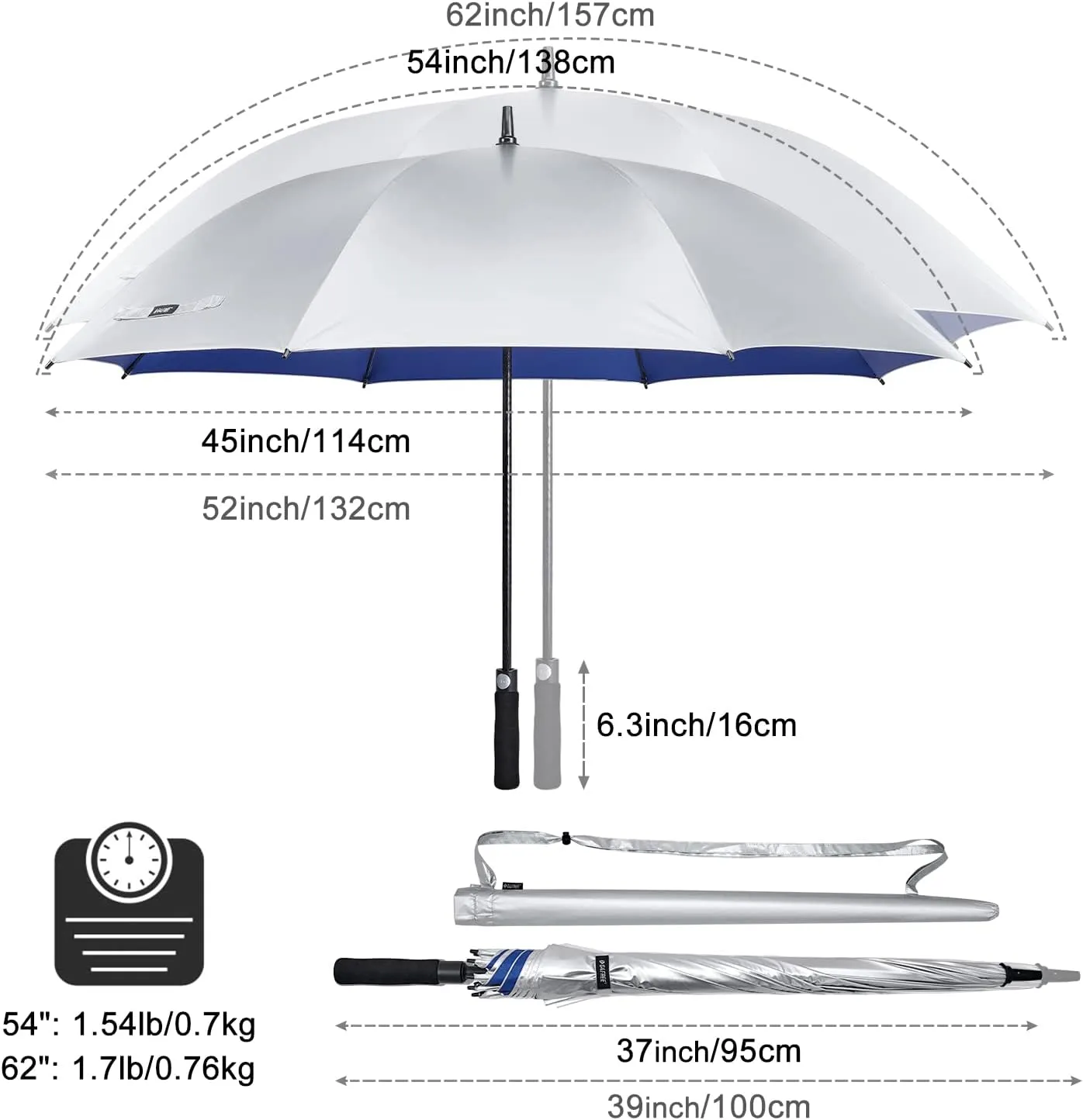G4Free 54/62 Inch Windproof UV Protection Golf Umbrella Extra Large Silver Coated Automatic Open Stick Long Umbrella