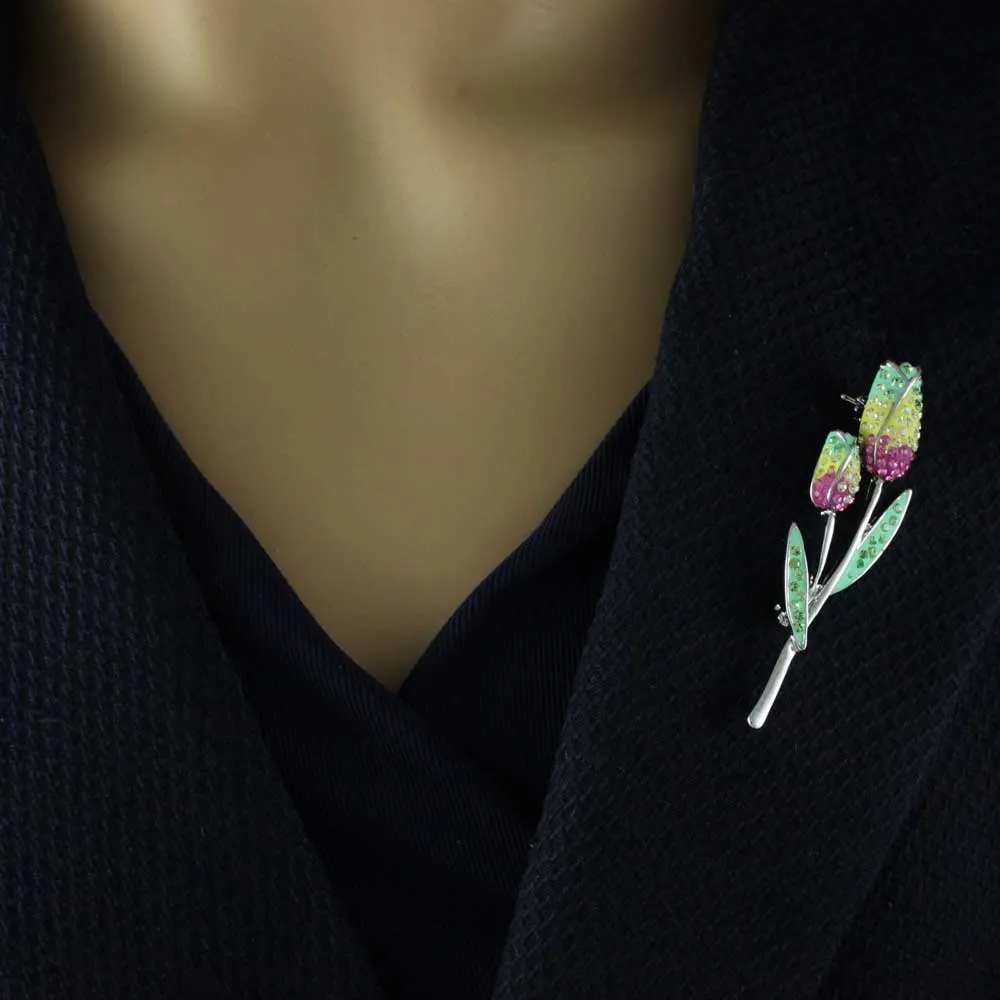 Green Yellow Pink Pastel Rose Buds Flower Brooch Pin - PRL952