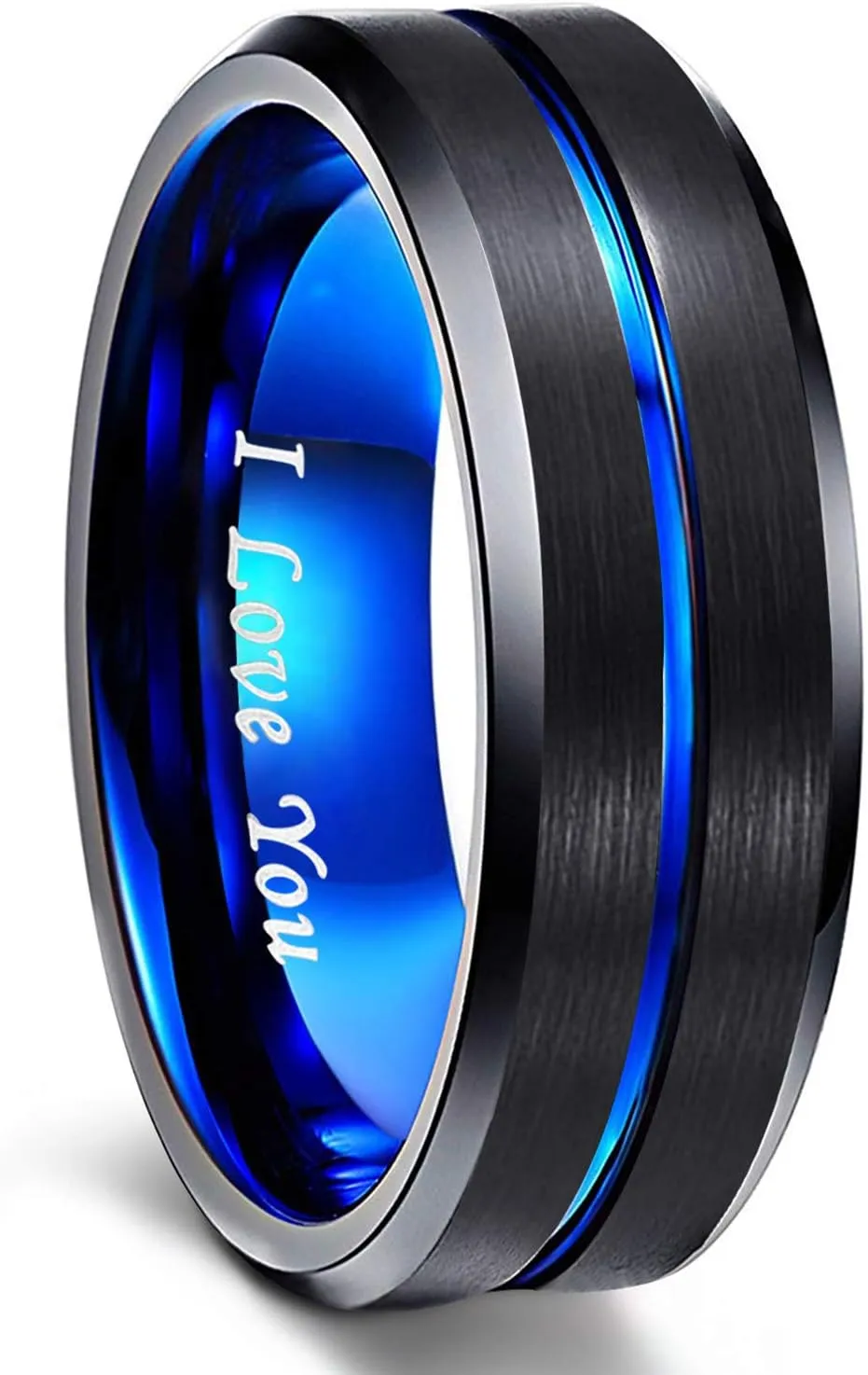 Greenpod Mens Tungsten Ring Wedding Band 6mm 8mm 10mm Engraved I Love You Thin Blue/Rose Gold/Black Centre Groove Comfort Fit Size 6-17