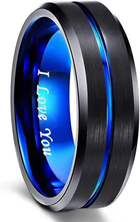 Greenpod Mens Tungsten Ring Wedding Band 6mm 8mm 10mm Engraved I Love You Thin Blue/Rose Gold/Black Centre Groove Comfort Fit Size 6-17